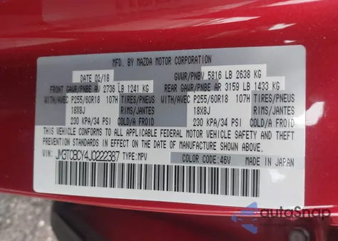 2018 Mazda Cx-9 Touring z USA, uszkodzony, nr VIN JM3TCBCY4J0222387